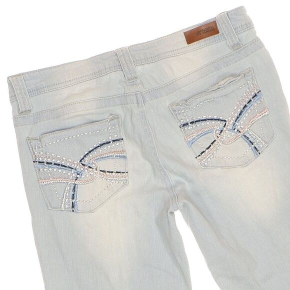 Almost Famous Crop Jeans Size 7 Juniors Roll Cuff Distressed Blue Measures 30x18 - Picture 5 of 10